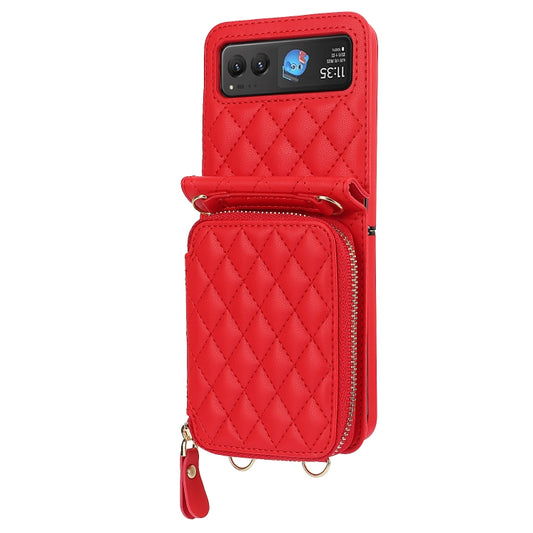 For Motorola Razr 40 Rhombic Texture Card Bag Phone Case with Dual Lanyard(Red) - Motorola Cases by buy2fix | Online Shopping UK | buy2fix