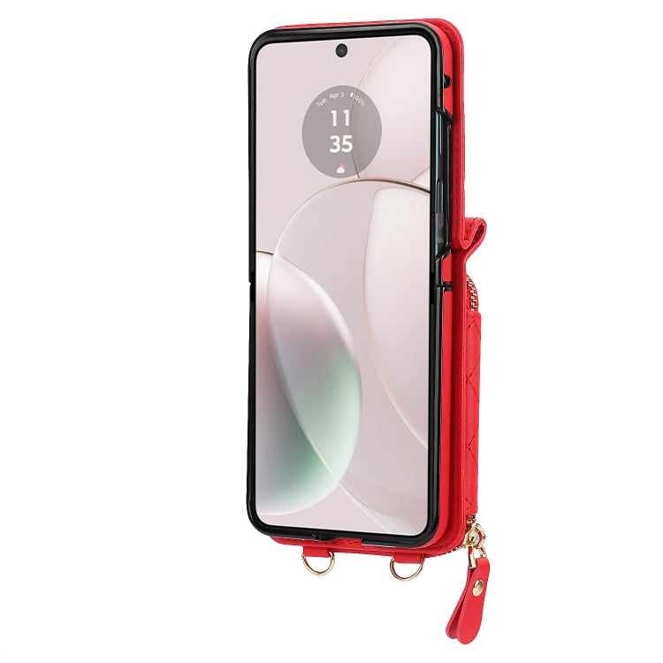For Motorola Razr 40 Rhombic Texture Card Bag Phone Case with Dual Lanyard(Red) - Motorola Cases by buy2fix | Online Shopping UK | buy2fix