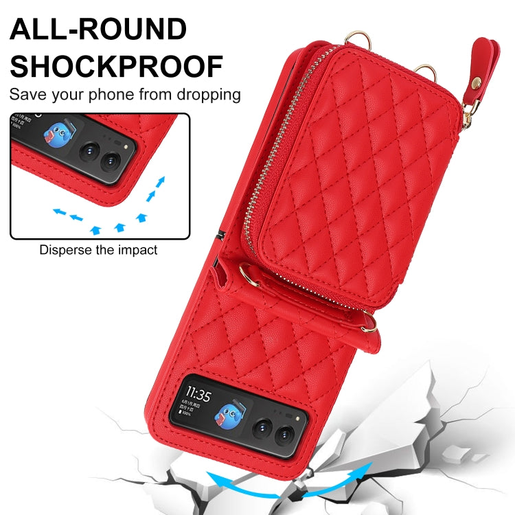 For Motorola Razr 40 Rhombic Texture Card Bag Phone Case with Dual Lanyard(Red) - Motorola Cases by buy2fix | Online Shopping UK | buy2fix