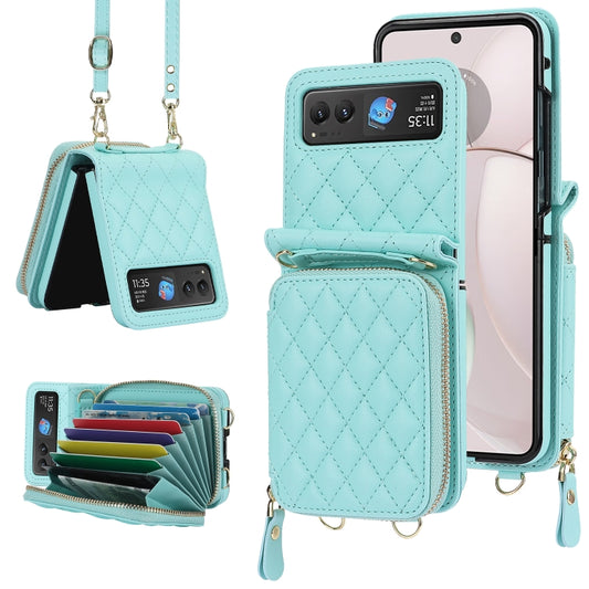 For Motorola Razr 40 Rhombic Texture Card Bag Phone Case with Dual Lanyard(Green) - Motorola Cases by buy2fix | Online Shopping UK | buy2fix