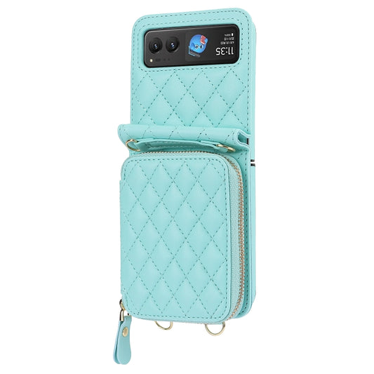 For Motorola Razr 40 Rhombic Texture Card Bag Phone Case with Dual Lanyard(Green) - Motorola Cases by buy2fix | Online Shopping UK | buy2fix