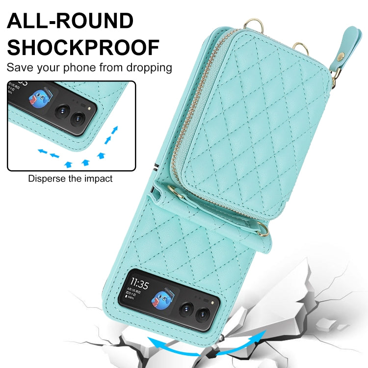 For Motorola Razr 40 Rhombic Texture Card Bag Phone Case with Dual Lanyard(Green) - Motorola Cases by buy2fix | Online Shopping UK | buy2fix