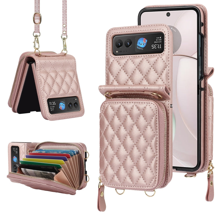 For Motorola Razr 40 Rhombic Texture Card Bag Phone Case with Dual Lanyard(Rose Gold) - Motorola Cases by buy2fix | Online Shopping UK | buy2fix