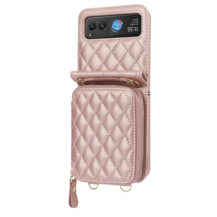 For Motorola Razr 40 Rhombic Texture Card Bag Phone Case with Dual Lanyard(Rose Gold) - Motorola Cases by buy2fix | Online Shopping UK | buy2fix