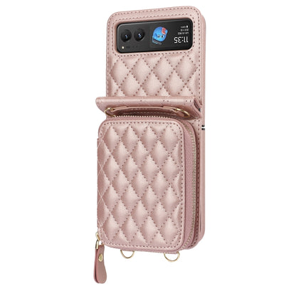For Motorola Razr 40 Rhombic Texture Card Bag Phone Case with Dual Lanyard(Rose Gold) - Motorola Cases by buy2fix | Online Shopping UK | buy2fix