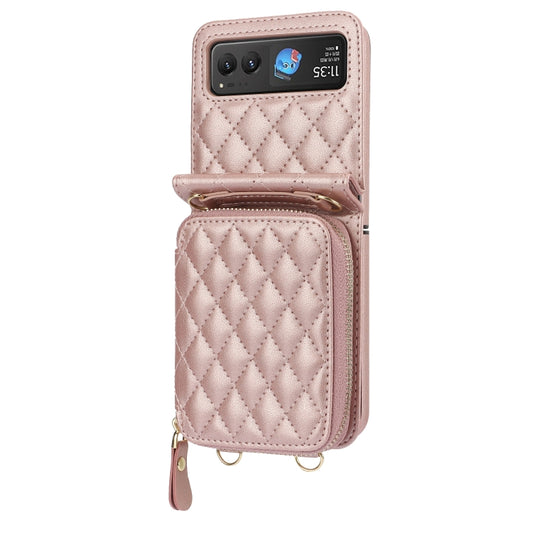 For Motorola Razr 40 Rhombic Texture Card Bag Phone Case with Dual Lanyard(Rose Gold) - Motorola Cases by buy2fix | Online Shopping UK | buy2fix