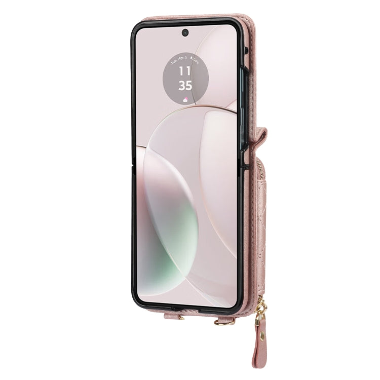 For Motorola Razr 40 Rhombic Texture Card Bag Phone Case with Dual Lanyard(Rose Gold) - Motorola Cases by buy2fix | Online Shopping UK | buy2fix