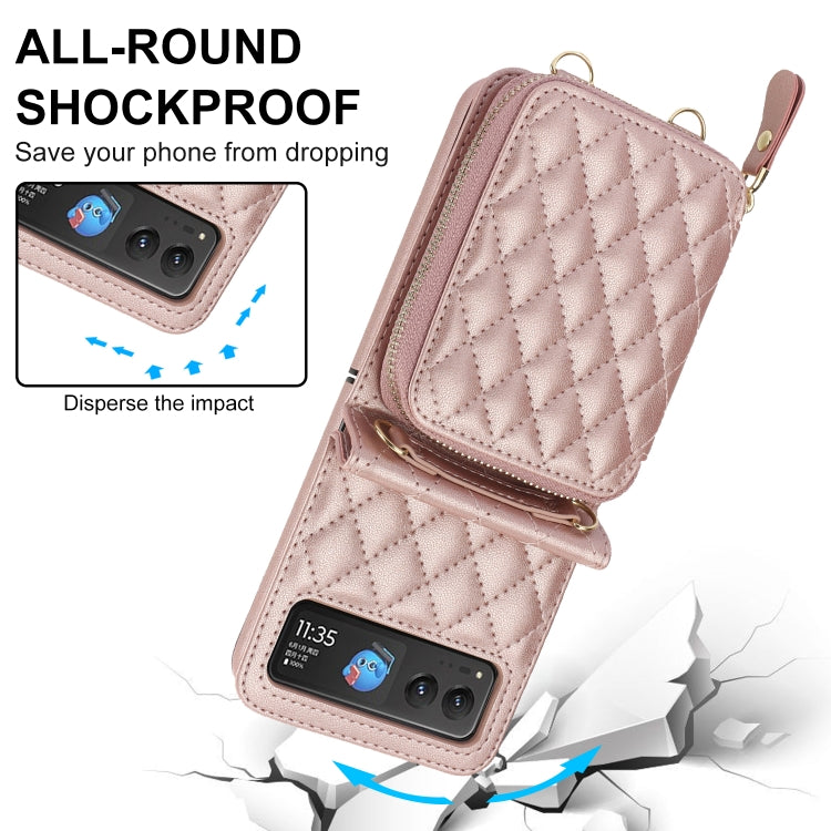 For Motorola Razr 40 Rhombic Texture Card Bag Phone Case with Dual Lanyard(Rose Gold) - Motorola Cases by buy2fix | Online Shopping UK | buy2fix