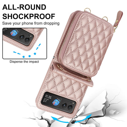 For Motorola Razr 40 Rhombic Texture Card Bag Phone Case with Dual Lanyard(Rose Gold) - Motorola Cases by buy2fix | Online Shopping UK | buy2fix