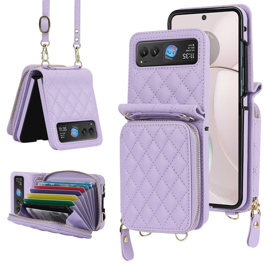 For Motorola Razr 40 Rhombic Texture Card Bag Phone Case with Dual Lanyard(Purple) - Motorola Cases by buy2fix | Online Shopping UK | buy2fix