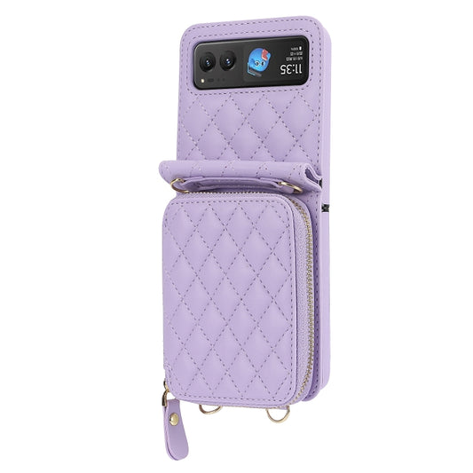 For Motorola Razr 40 Rhombic Texture Card Bag Phone Case with Dual Lanyard(Purple) - Motorola Cases by buy2fix | Online Shopping UK | buy2fix