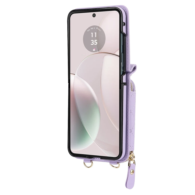 For Motorola Razr 40 Rhombic Texture Card Bag Phone Case with Dual Lanyard(Purple) - Motorola Cases by buy2fix | Online Shopping UK | buy2fix
