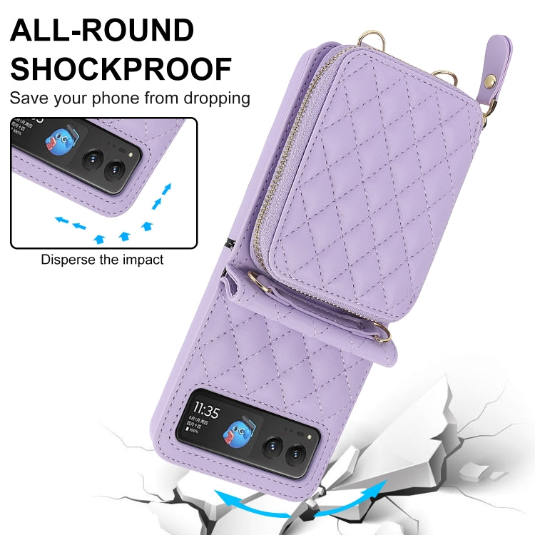 For Motorola Razr 40 Rhombic Texture Card Bag Phone Case with Dual Lanyard(Purple) - Motorola Cases by buy2fix | Online Shopping UK | buy2fix