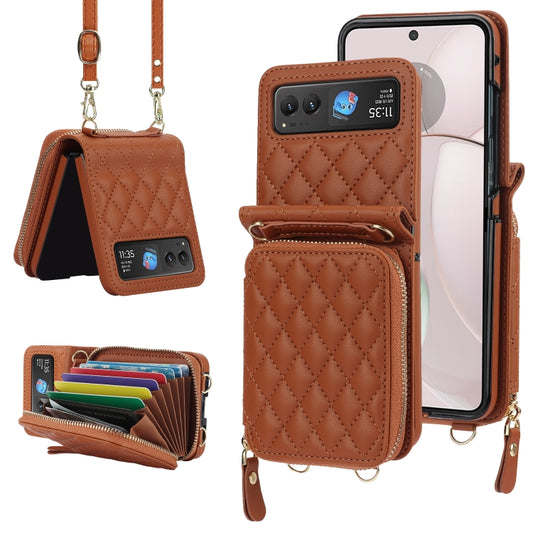For Motorola Razr 40 Rhombic Texture Card Bag Phone Case with Dual Lanyard(Brown) - Motorola Cases by buy2fix | Online Shopping UK | buy2fix