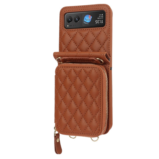 For Motorola Razr 40 Rhombic Texture Card Bag Phone Case with Dual Lanyard(Brown) - Motorola Cases by buy2fix | Online Shopping UK | buy2fix