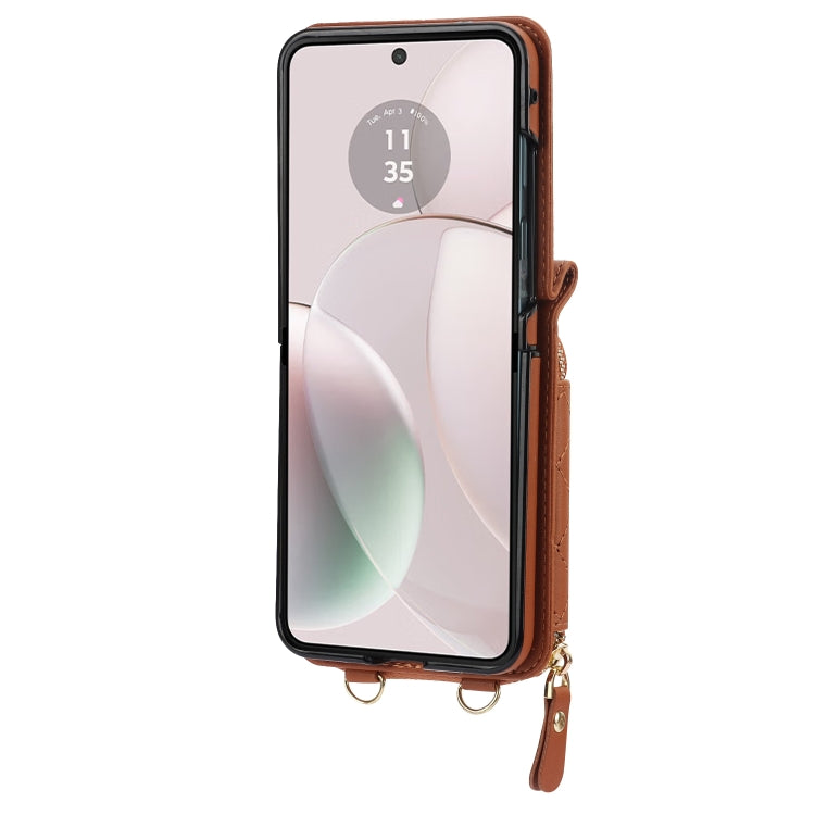 For Motorola Razr 40 Rhombic Texture Card Bag Phone Case with Dual Lanyard(Brown) - Motorola Cases by buy2fix | Online Shopping UK | buy2fix