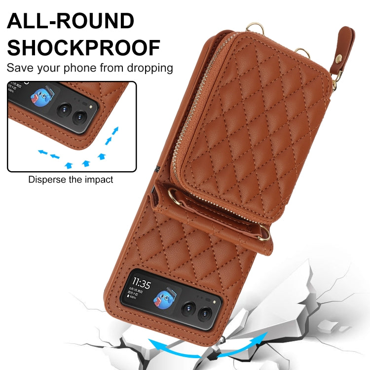 For Motorola Razr 40 Rhombic Texture Card Bag Phone Case with Dual Lanyard(Brown) - Motorola Cases by buy2fix | Online Shopping UK | buy2fix
