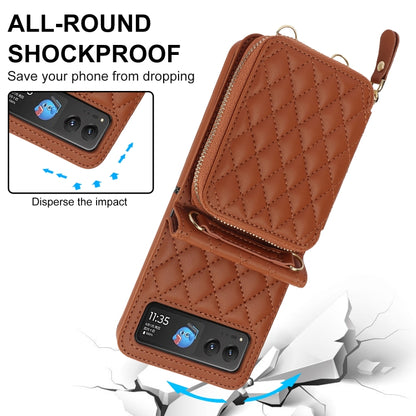 For Motorola Razr 40 Rhombic Texture Card Bag Phone Case with Dual Lanyard(Brown) - Motorola Cases by buy2fix | Online Shopping UK | buy2fix