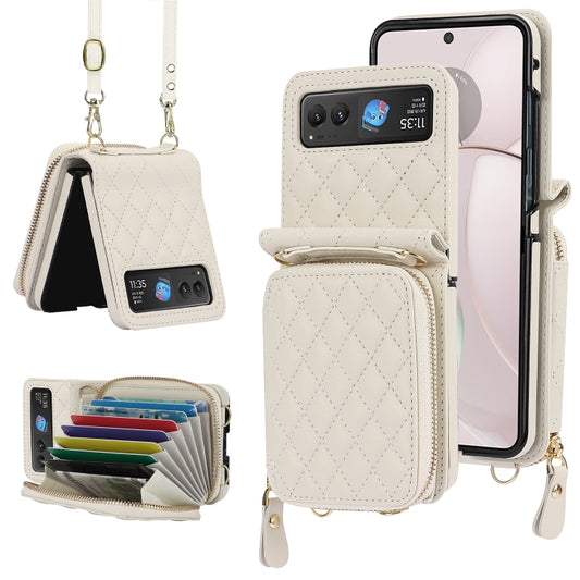 For Motorola Razr 40 Rhombic Texture Card Bag Phone Case with Dual Lanyard(White) - Motorola Cases by buy2fix | Online Shopping UK | buy2fix
