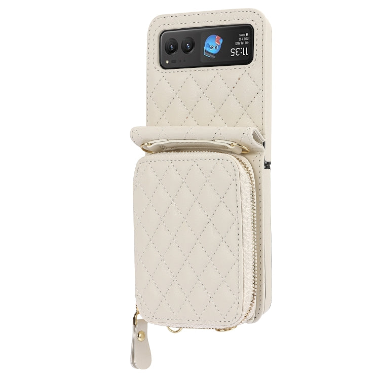 For Motorola Razr 40 Rhombic Texture Card Bag Phone Case with Dual Lanyard(White) - Motorola Cases by buy2fix | Online Shopping UK | buy2fix