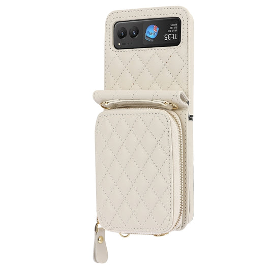 For Motorola Razr 40 Rhombic Texture Card Bag Phone Case with Dual Lanyard(White) - Motorola Cases by buy2fix | Online Shopping UK | buy2fix