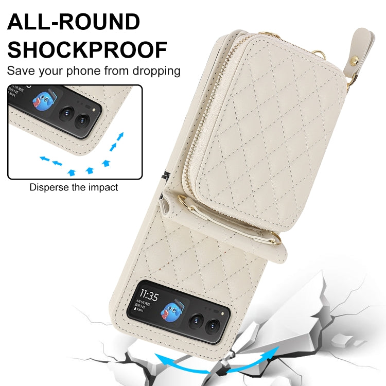 For Motorola Razr 40 Rhombic Texture Card Bag Phone Case with Dual Lanyard(White) - Motorola Cases by buy2fix | Online Shopping UK | buy2fix
