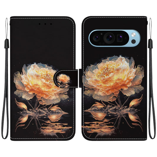 For Google Pixel 9 Pro Crystal Texture Colored Drawing Leather Phone Case(Gold Peony) by buy2fix
