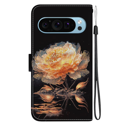 For Google Pixel 9 Pro Crystal Texture Colored Drawing Leather Phone Case(Gold Peony) by buy2fix