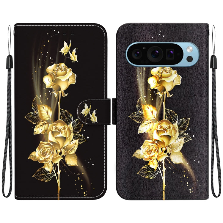 For Google Pixel 9 Pro Crystal Texture Colored Drawing Leather Phone Case(Gold Butterfly Rose) by buy2fix