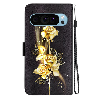 For Google Pixel 9 Pro Crystal Texture Colored Drawing Leather Phone Case(Gold Butterfly Rose) by buy2fix