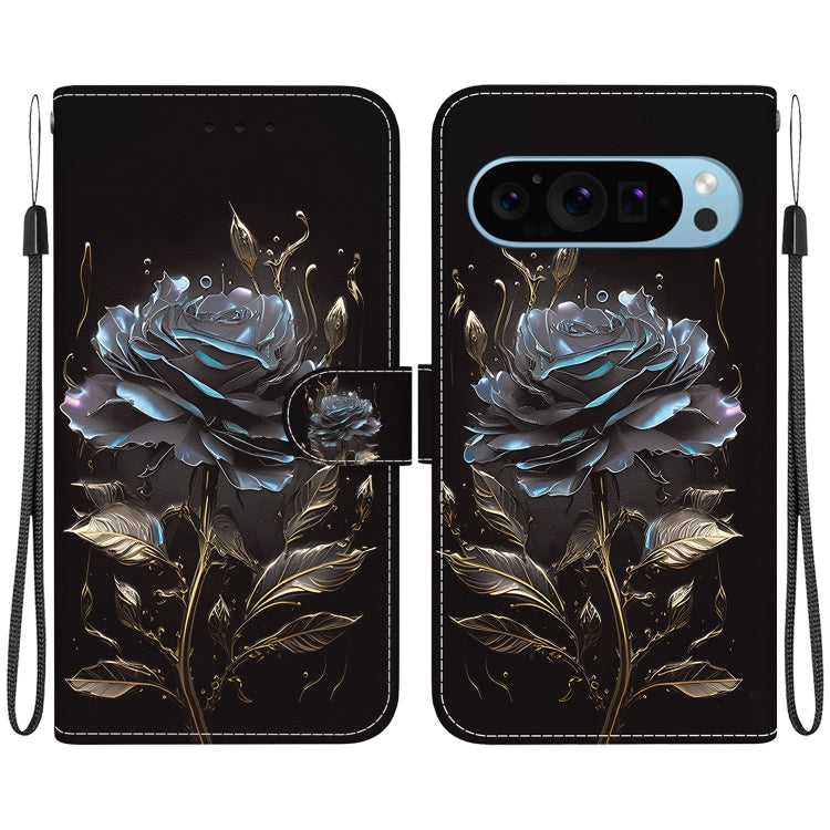 For Google Pixel 9 Pro Crystal Texture Colored Drawing Leather Phone Case(Black Rose) by buy2fix