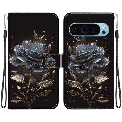 For Google Pixel 9 Pro Crystal Texture Colored Drawing Leather Phone Case(Black Rose) by buy2fix