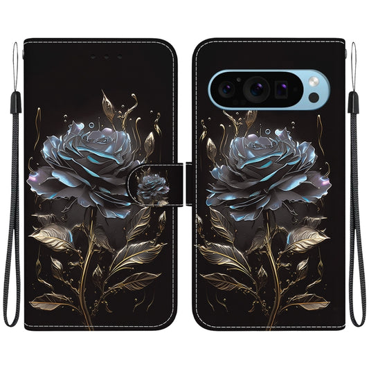 For Google Pixel 9 Pro Crystal Texture Colored Drawing Leather Phone Case(Black Rose) by buy2fix