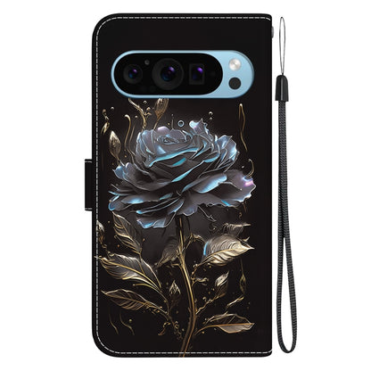 For Google Pixel 9 Pro Crystal Texture Colored Drawing Leather Phone Case(Black Rose) by buy2fix