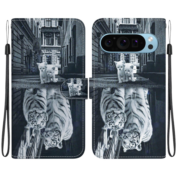 For Google Pixel 9 Pro Crystal Texture Colored Drawing Leather Phone Case(Cat Tiger Reflection) by buy2fix