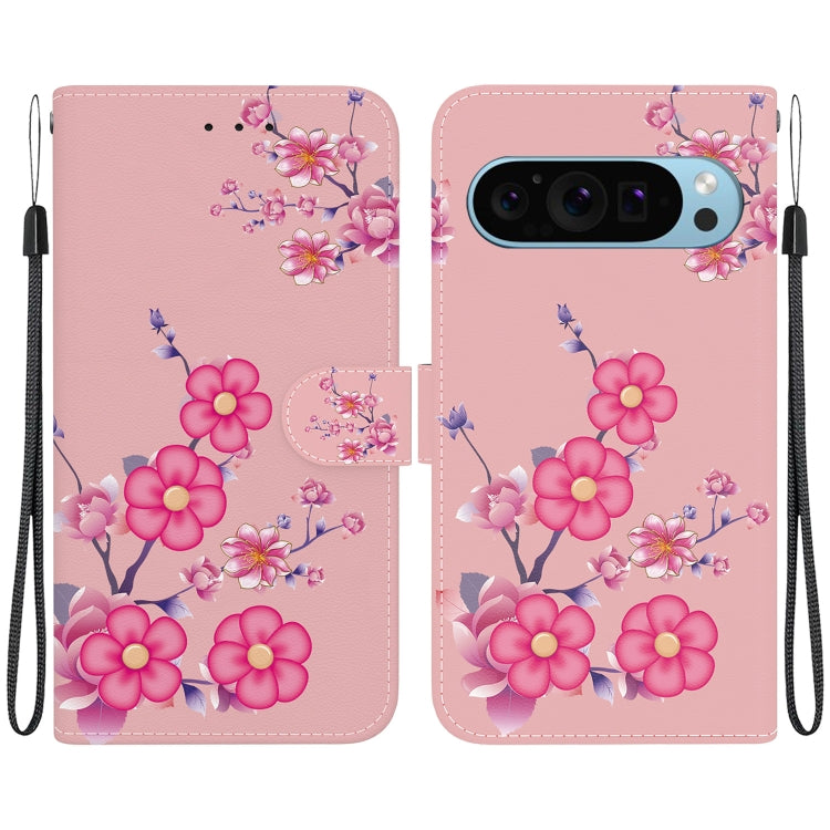For Google Pixel 9 Pro Crystal Texture Colored Drawing Leather Phone Case(Cherry Blossoms) by buy2fix