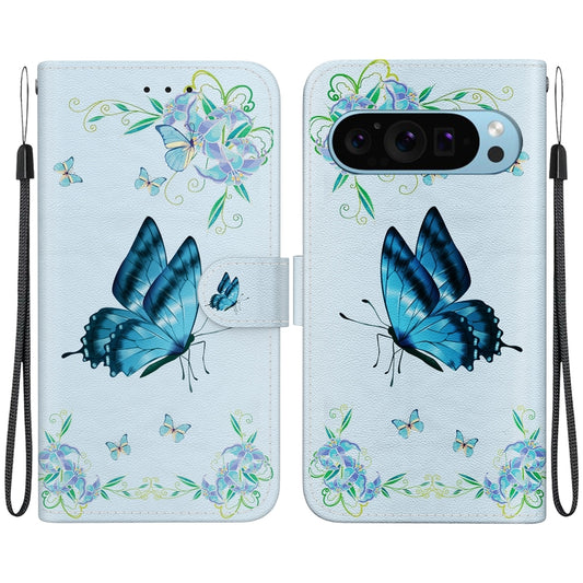 For Google Pixel 9 Pro Crystal Texture Colored Drawing Leather Phone Case(Blue Pansies) by buy2fix
