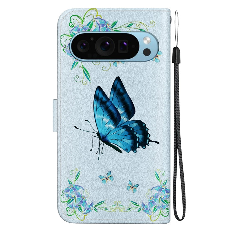 For Google Pixel 9 Pro Crystal Texture Colored Drawing Leather Phone Case(Blue Pansies) by buy2fix