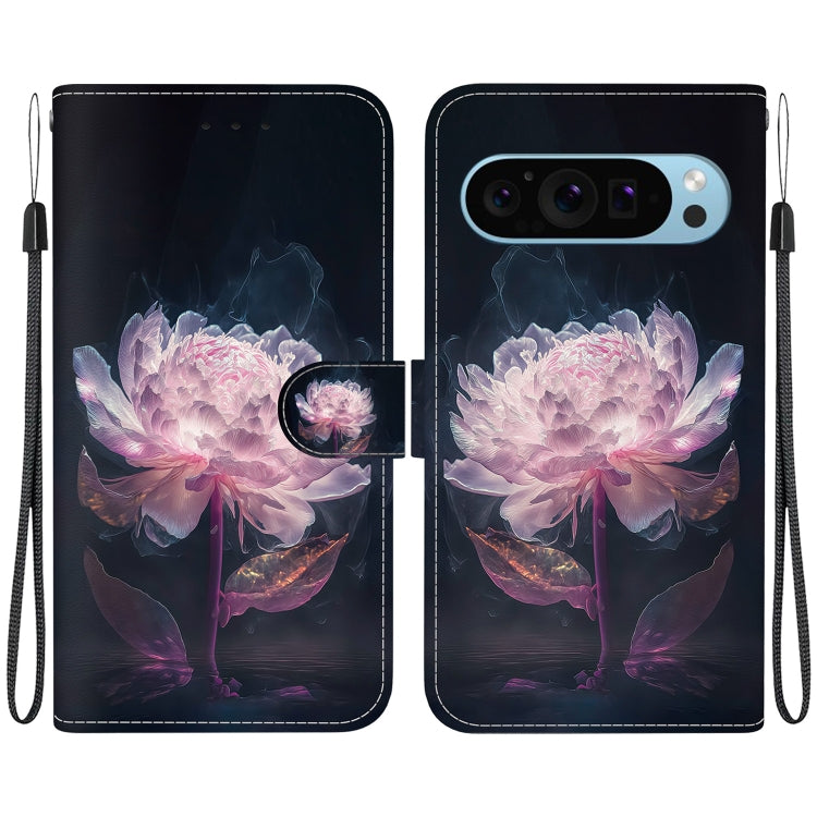 For Google Pixel 9 Crystal Texture Colored Drawing Leather Phone Case(Purple Peony) by buy2fix