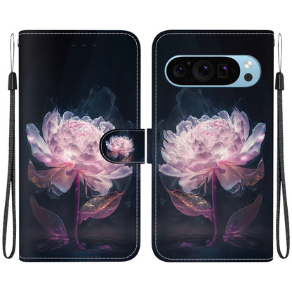 For Google Pixel 9 Crystal Texture Colored Drawing Leather Phone Case(Purple Peony) by buy2fix