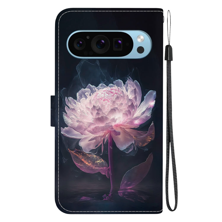 For Google Pixel 9 Crystal Texture Colored Drawing Leather Phone Case(Purple Peony) by buy2fix