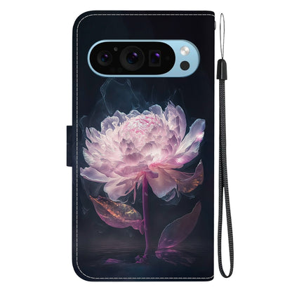 For Google Pixel 9 Crystal Texture Colored Drawing Leather Phone Case(Purple Peony) by buy2fix