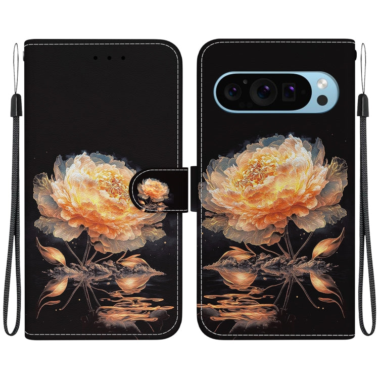 For Google Pixel 9 Crystal Texture Colored Drawing Leather Phone Case(Gold Peony) by buy2fix