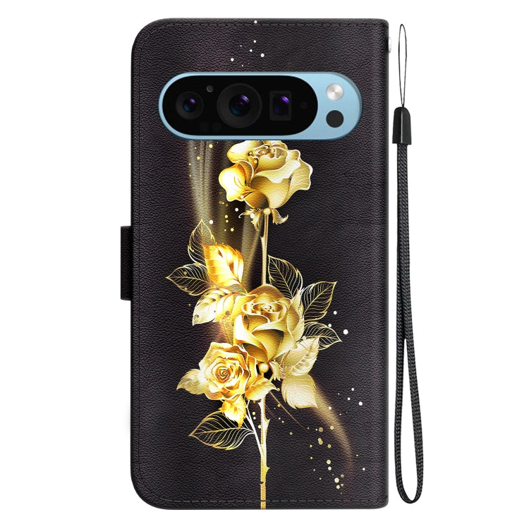 For Google Pixel 9 Crystal Texture Colored Drawing Leather Phone Case(Gold Butterfly Rose) by buy2fix