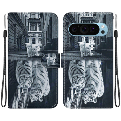 For Google Pixel 9 Crystal Texture Colored Drawing Leather Phone Case(Cat Tiger Reflection) by buy2fix