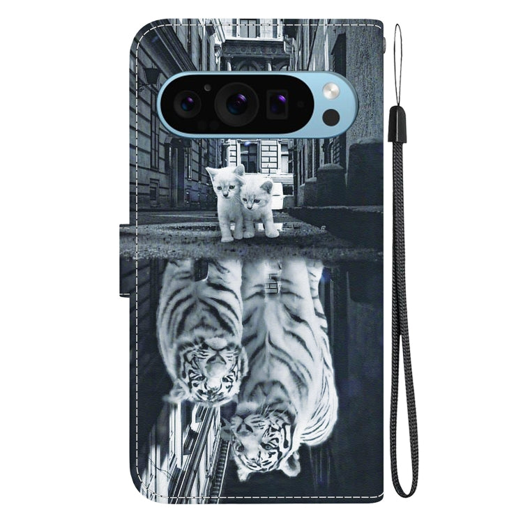For Google Pixel 9 Crystal Texture Colored Drawing Leather Phone Case(Cat Tiger Reflection) by buy2fix