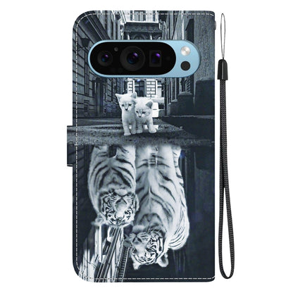 For Google Pixel 9 Crystal Texture Colored Drawing Leather Phone Case(Cat Tiger Reflection) by buy2fix