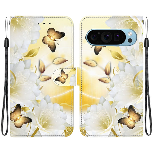 For Google Pixel 9 Crystal Texture Colored Drawing Leather Phone Case(Gold Butterfly Epiphyllum) by buy2fix
