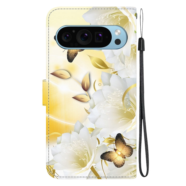 For Google Pixel 9 Crystal Texture Colored Drawing Leather Phone Case(Gold Butterfly Epiphyllum) by buy2fix