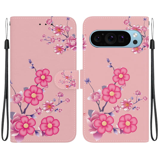 For Google Pixel 9 Crystal Texture Colored Drawing Leather Phone Case(Cherry Blossoms) by buy2fix